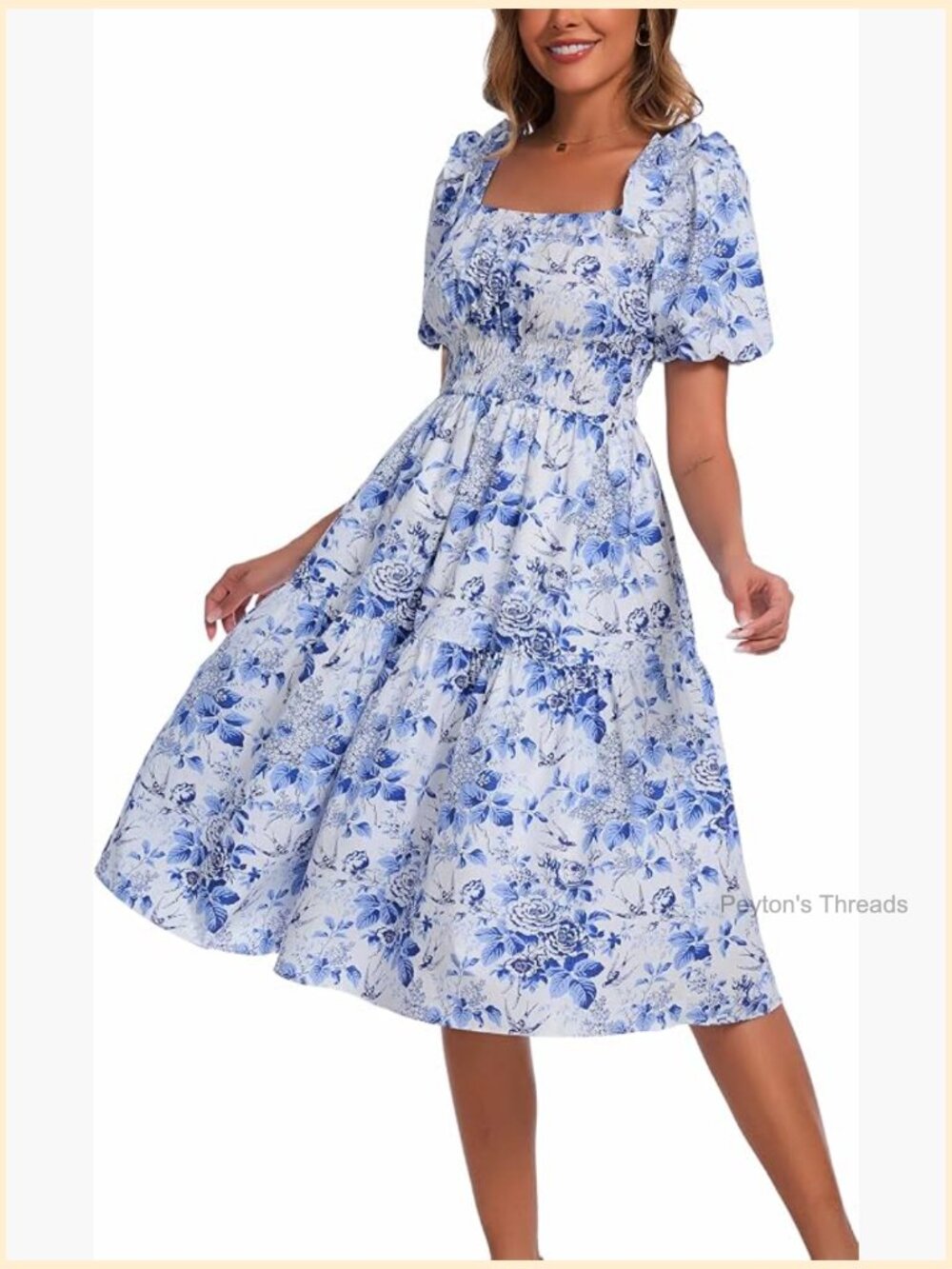 Women's Smocked Flowy Midi Dress Puff Sleeve Square Neck